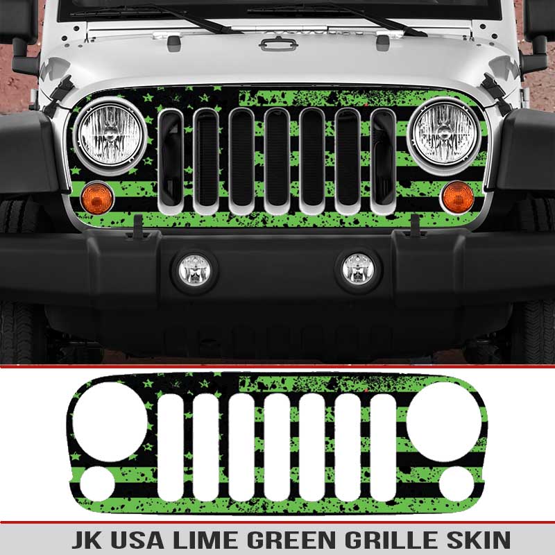 Jeep-wrangler-grille-skins-usa-wrangler-jk-distressed-decal-lime-green |  AlphaVinyl